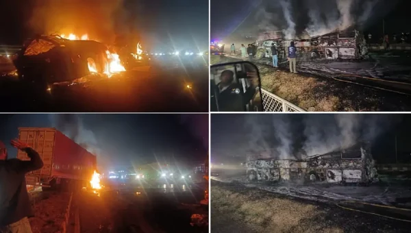 National Highway Horror: 11 Killed as Bus Burns After Head-on Collision in Karnataka.